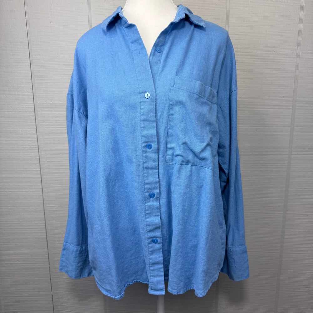 Abercrombie & Fitch Oversized Blue Long Sleeve Button Up Top Linen Cotton Blend